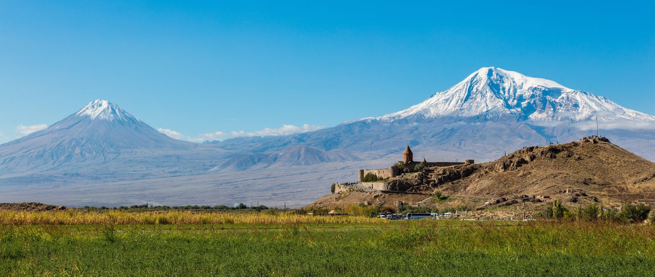 Khor Virap monastery on its hill, with Mount Ararat and Little Ararat behind